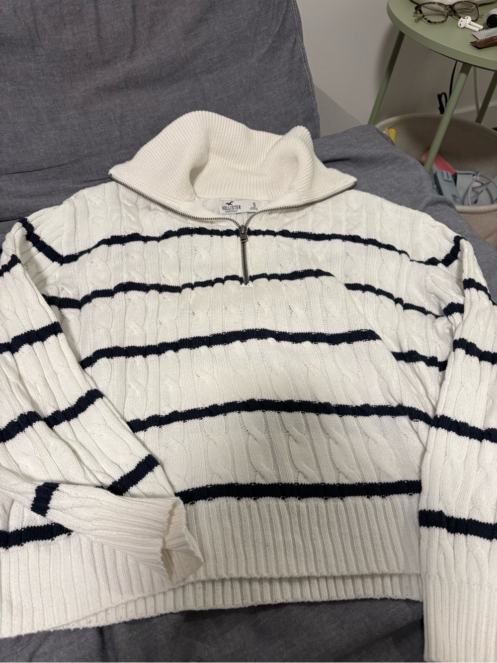 Hollister Cream Cable-Knit Half-Zip Sweater with Navy Stripes